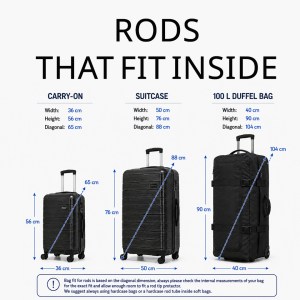 Travel fishing rod size comparison — carry-on, suitcase and 100L duffel bag diagonal dimensions
